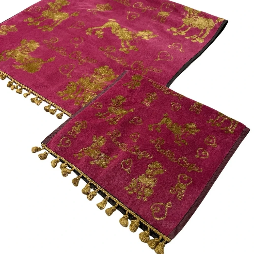 Kitschy Poodle Cafe Towel Set Pink Gold Besana Italian Bath & Hand Pom Poms Glam